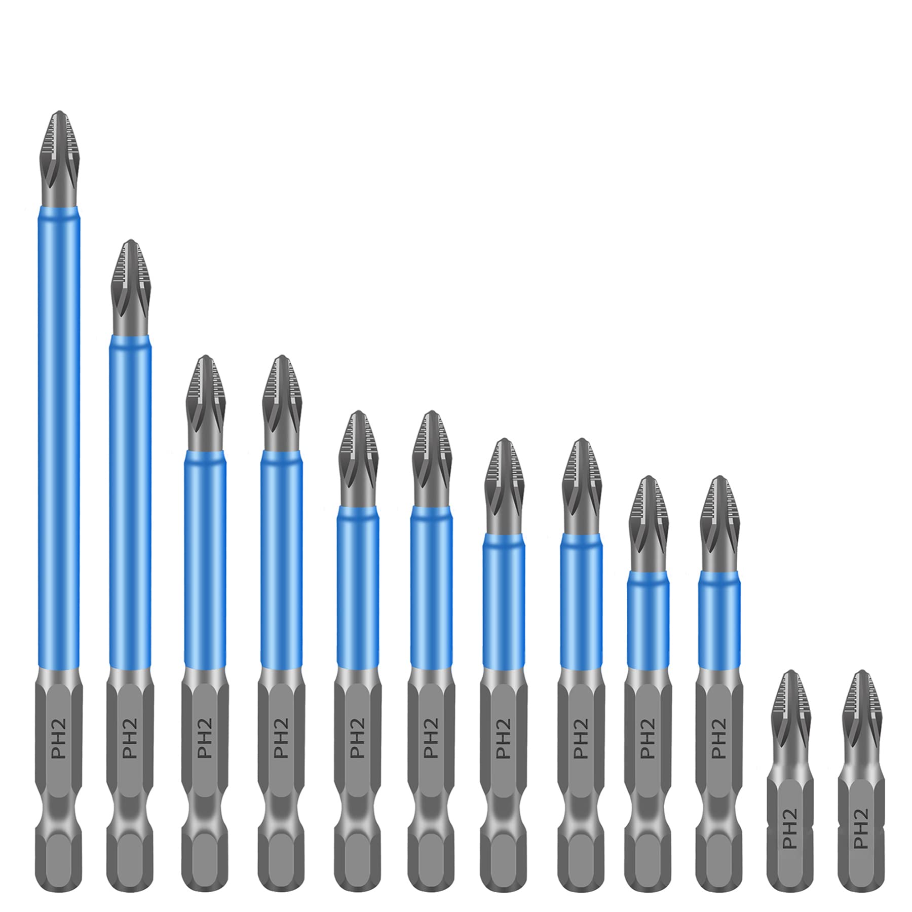 BAYTORY 12-Piece Phillips Magnetic Screwdriver Bits, 1/4 inch Hex Shank S2 Alloy Steel Anti-Slip Cross Long Drill Bit Set Screw Head 25-150mm, PH2