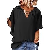 Eytino Womens Plus Size Tops Loose V Neck Bell Short Sleeve Casual Chiffon Blouses Pleated Flowy Shirts(1X-5X)
