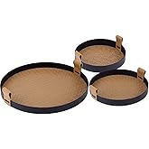 GOVNPJ Leather Serving Tray, 3-Piece Round Ottoman Tray Set in Brown, PU Leather Coffee Table Tray with Woven Insert for Home Decor Display