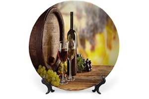 LIGUTARS Ceramic Display Plate, Wine Ceramic Hanging Decorative Plate, Red and White Wine Bottle Glass on Wooden, 8 Inch, Living Room Kitchen Decoration Household, Brown Light Green Yellow
