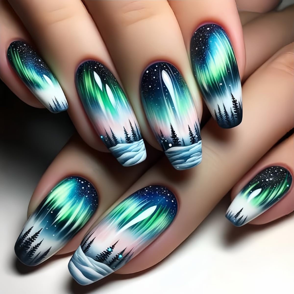 View 1 of 24 Pcs Aurora Press on Nails Medium Coffin - ZIFANHU Fake Nails Press ons with Cute Forest Design Ombre False Nails Full Cover Acrylic Nail Art Kit Glue on Nail for Women Girls Supplies