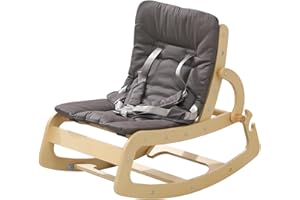 BAOTREE 3-in-1 Baby Bouncer Adjustable Wooden Rocker Chair, Ergonomic Design Baby Lounger with Removable Cushion,Seat Belt and Booster, Recliner for Infants to Toddler (Grey)
