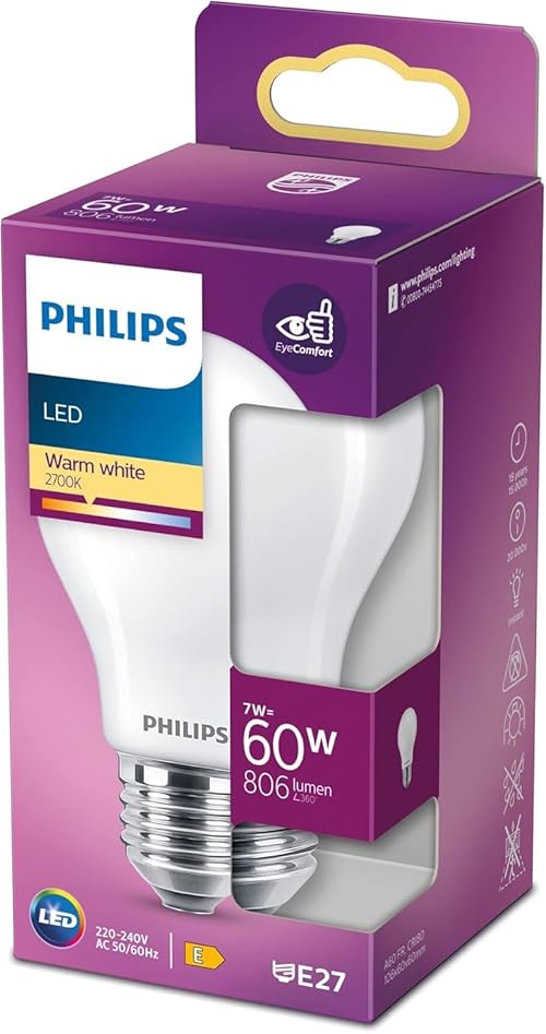 Philips LED Premium Frosted Light Bulb [E27 Edison Screw] 7W - 60W Equivalent, Warm White (2700K), Non-Dimmable