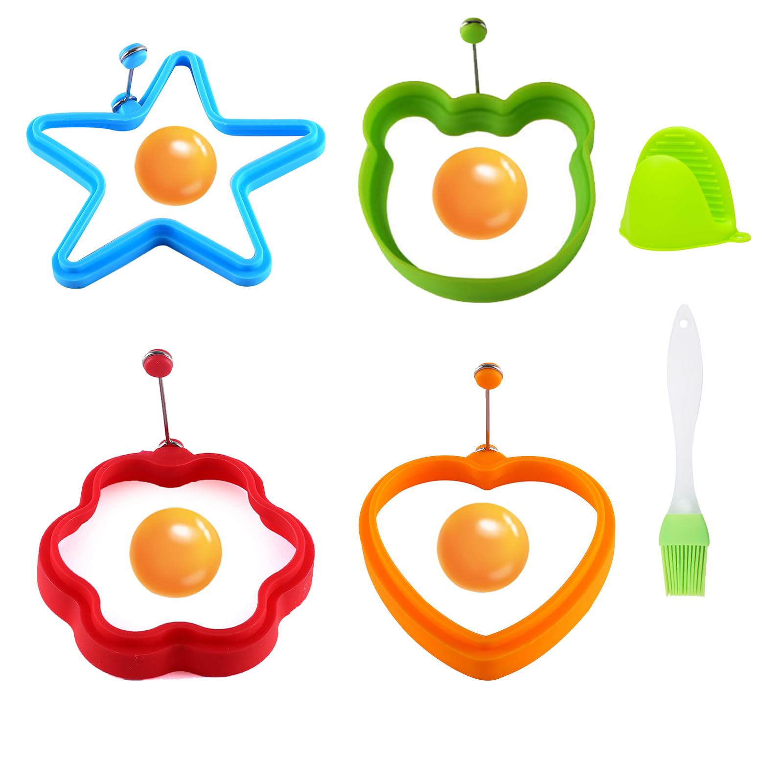 KASESSS 6 Pcs Egg Rings for Frying, Silicone Fried Egg Ring, Multi-Style Egg Rings, Silicone Egg Rings for Frying, Fried Egg Mould with Handle Egg Moulds for Fried Eggs with Brushes Anti-Scald Gloves