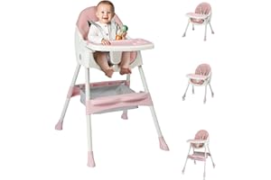 Ktaxon Foldable Baby High Chair, 2-in-1 Portable Convertible Highchair with Removable Dual-Layer Tray, 5-Point Safety Harness and Storage Bag for Toddlers & Babies, Pink