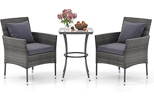 DORTALA Wicker Patio Furniture Set 3 Piece, Small Outdoor Table & Chairs with Tempered Glass Tabletop, Cushions, Rattan Conve