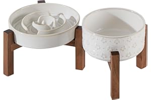 Havniva Ceramic 1.2 Cup Raised Slow Feeder Dog Bowl Set, Elevated 6.1inch Bowl and 7.3inch Dish with Acacia Wood Stand for Small and Medium Dog(2 x Reactived Glaze -White+ Stand)