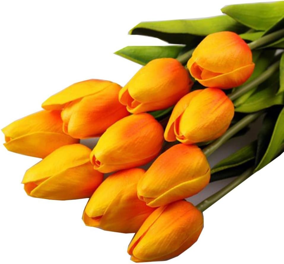 Saingace 10 Pcs Tulip Artificial Flower Latex Lifelike Real Touch Bridal Wedding Bouquet Home Decor (Orange)