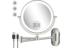 VFD 30X/1X Wall Mounted Lighted Makeup Mirror, 8'' Double Sided Rechargeable Magnifying Bathroom Mirror with Light, 3 Color Lights Touch Dimmable Extended Arm 360 Rotation Light up Mirrors