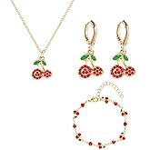 QLUYCKW 3 PCS Cherry Necklace Earrings Jewelry Set for Women Dainty Cute Sweet Cherry Fruit Pendant Necklace 14K Gold Plated Cherry Crystal Bracelet Birthday Party Charm Jewelry