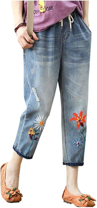 embroidered distressed jeans