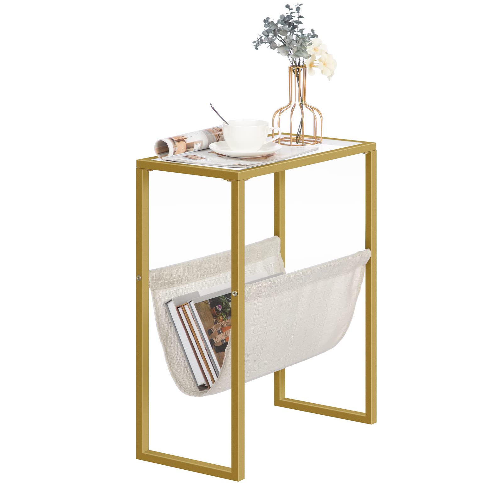 HOOBRO Gold Side Table, Narrow Side Table, Modern Slim Table with Tempered Glass Top, Sofa End Table with Fabric Magazine Holder, Bedside Table for Small Spaces, Bedroom, Living Room, Gold EGD66BZ01