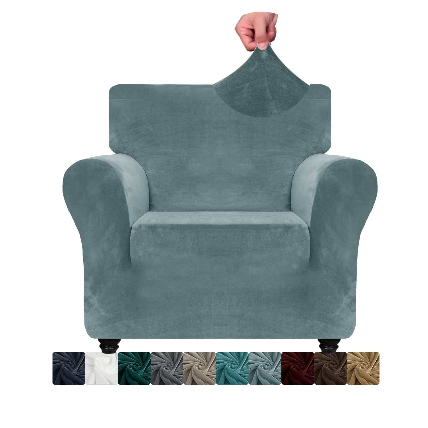 CHELZEN Velvet Chair Covers for Armchairs 1 Seater Thick Stretch Couch Covers for Dogs Pets Non-Slip Chair Slipcover with Arms Furniture Protector for Living Room (1 Seater, Dusty Blue)