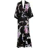 KIM+ONO Luxury Kimono Robe for Women | Long Satin Floral Robe | Chrysanthemum & Crane Black | Original Design