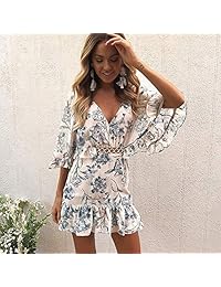 BTFBM - Vestido corto con volantes y cintura alta, cuello en V, estampado floral, para mujer