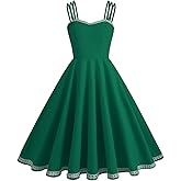 Cami Spaghetti Strap Dresses for Women Vintage 1950s Dress Retro Cocktail Party Swing Dresses Lace Pom Pom Vintage Sweetheart Dress Knee Length Audrey Hepburn Style Rockabilly Dresses Emerald Green XL