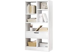 IOTXY Wooden Open Shelf Bookcase - 51 Inches Height Freestanding Display Storage Cabinet Organizer with 7 Cubes and a Drawer, Floor Standing Bookshelf in Warm White