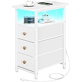 Yoobure End Table with Charging Station, LED Narrow Side Table Bedside Table, Small Night Stand End Tables Living Room, Skinny Nightstand with 3 Fabric Drawers, Side Tables Bedroom for Small Spaces