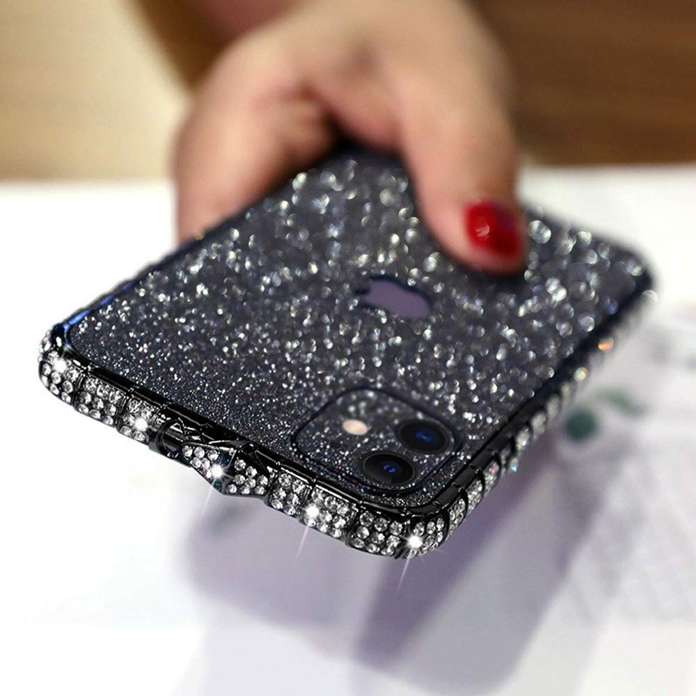 LUVI for iPhone 12 Pro Bling Glitter Diamond Case Cute for Women Rhinestone Crystal Shiny Sticker Skin Plating Metal Bumper Frame Edge Protective Cover Sparkle Fashion Luxury Case 6.1 inch Black