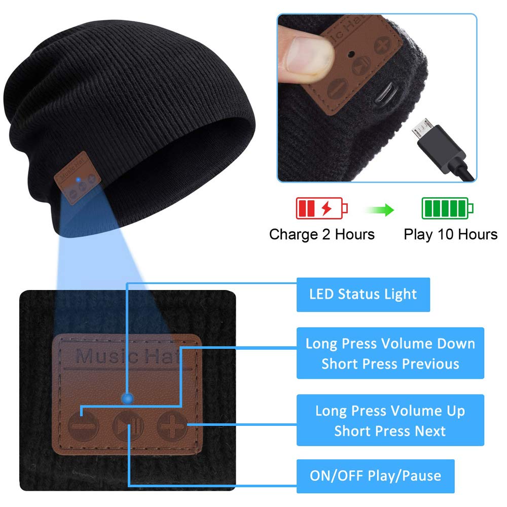 Top-Newest Bluetooth Beanie Hat for Men Women v5.0 Bluetooth Hat with Speaker Headphones Rechargeable Hanpure bluetooth Beanie Hat, Knit Washable Bluetooth Beany Hat Winter Outdoor Sports