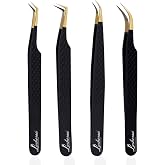 LASHORAA Professional Lash Tweezers 4 Pcs- Leather Case Eyelash Tweezers Fiber Tips, Diamond Grip &amp; Japanese Steel- Curved, 45&deg; Degree &amp; Angular- Classic, Volume &amp; Mega Volume lash extension tweezers