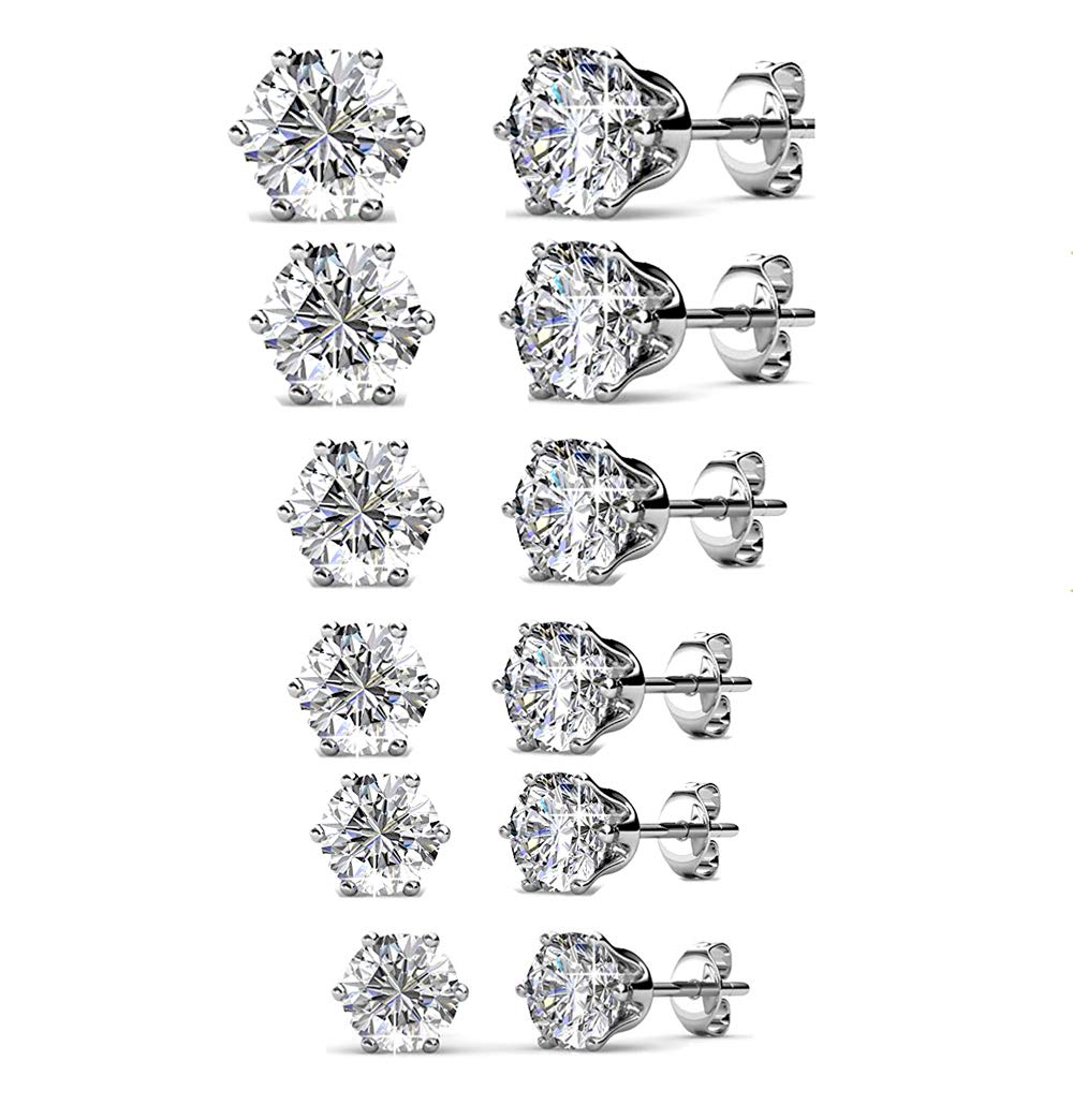 findout Gold Plated Titanium Steel Elegant Classic Round 3 4 5 6 7 8mm 6 Pairs Cubic Zirconia Pink Crystal Stud Earrings Gift for Women Girls Child (f1820) (White Gold Plated 6 Pairs Set)