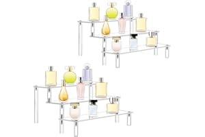 primestok 2 Packs Acrylic Display Risers, 3 Tier Perfume Stand Organizer, Clear Acrylic Shelf Risers Display Stands for Food, Tabletop Use, Toy Figure