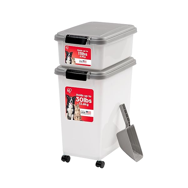 IRIS USA 30 LBS & 11 LBS COMBO AIRTIGHT DOG FOOD STORAGE CONTAINER, STACKABLE TREAT BOX, 2-CUP SCOOP, WHEELS, KEEP FRESH, EASY MOBILITY, SILVER