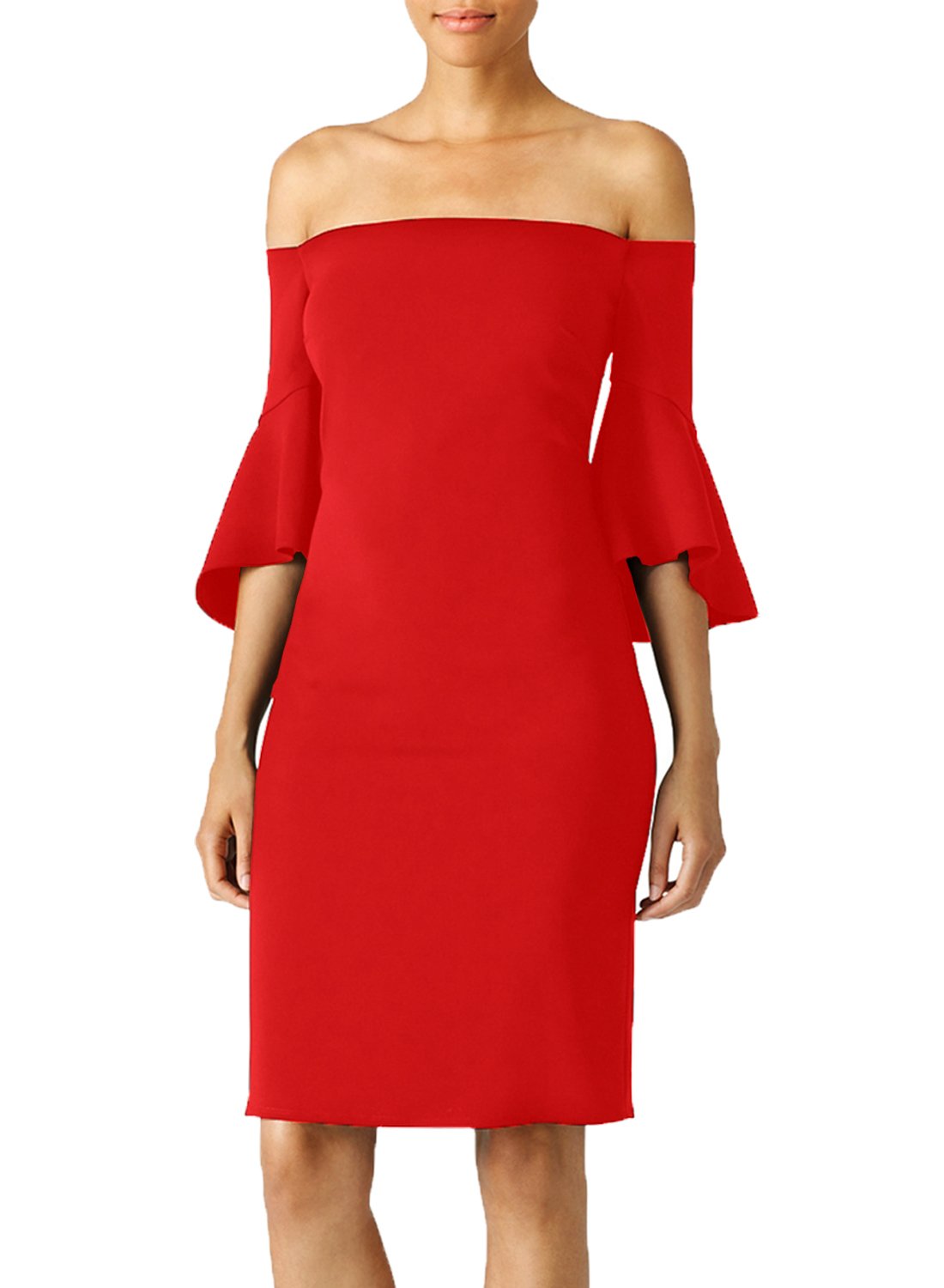 WOOSEA Women's Sexy Off Shoulder Bell Flare Trumpet Sleeve Cocktail Party Dress (Medium, Red)