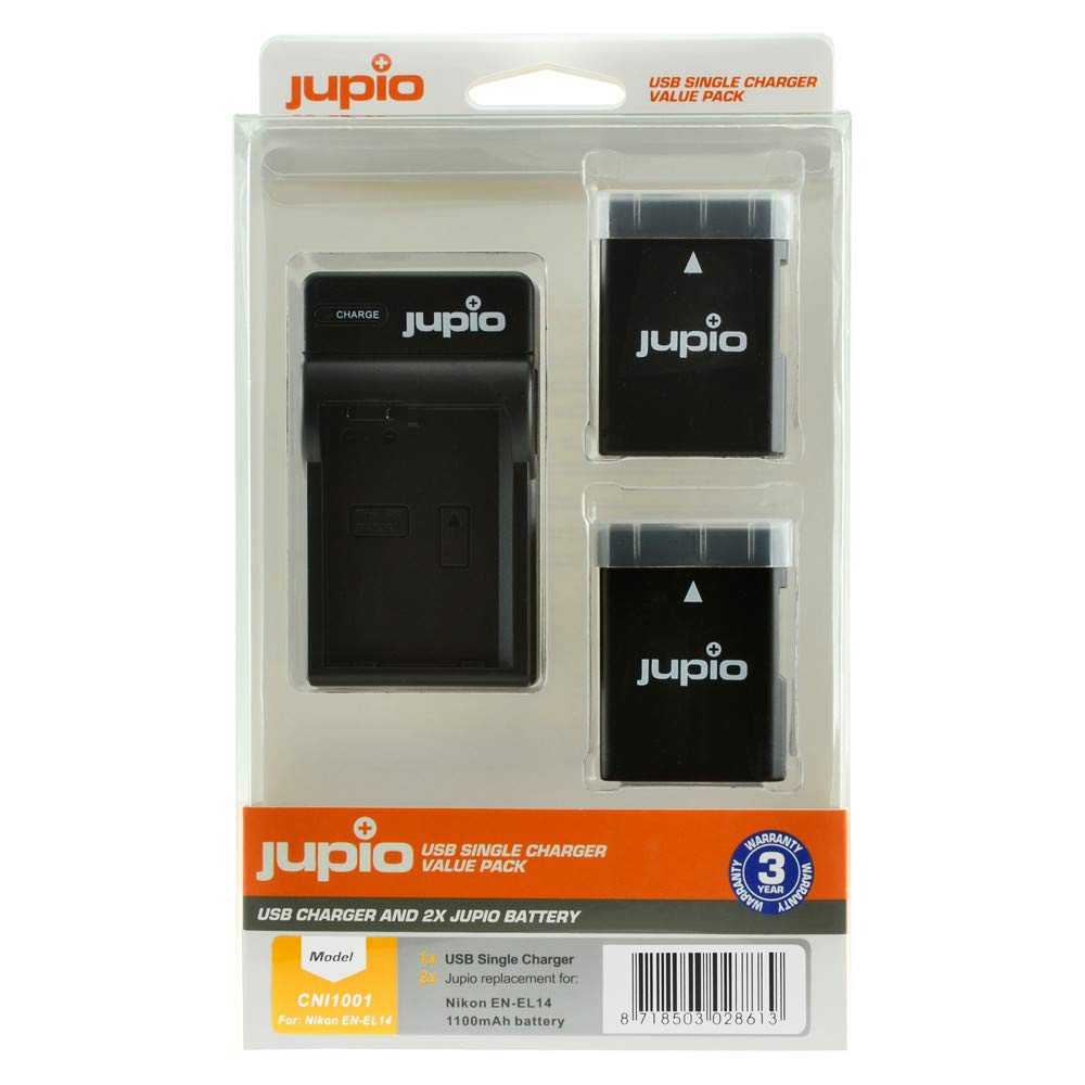 Jupio Kit: 2X High Performance Battery EN-EL14/EN-EL14A (D5600) 1100mAh + USB Single Charger for Nik