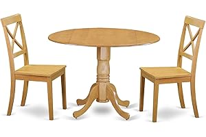 East West Furniture DLBO3-OAK-W 3 Piece Dining Set Contains a Round Dining Room Table with Dropleaf and 2 Wood Seat Chairs, 42x42 Inch, Oak