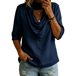 Womens Tops Trendy Fall Cowl Neck Shirts 3/4 Length Sleeve Loose Tunic Blouses Beach Travel Vacation Casual Outfits
