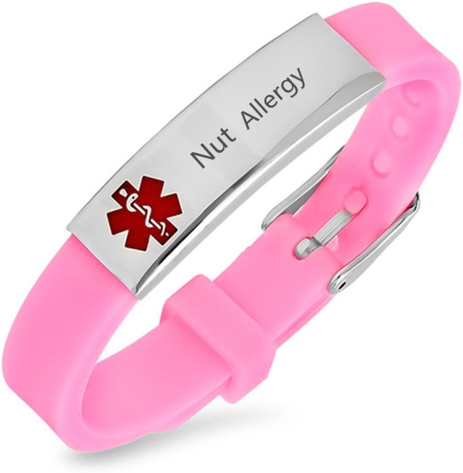 Sunling Custom Adjustable Silicon Medical Alert Allergy Awareness Bracelet for Women Men Kids,Free Engraving Emergency ID Bangle for Son,Daughter,Parents