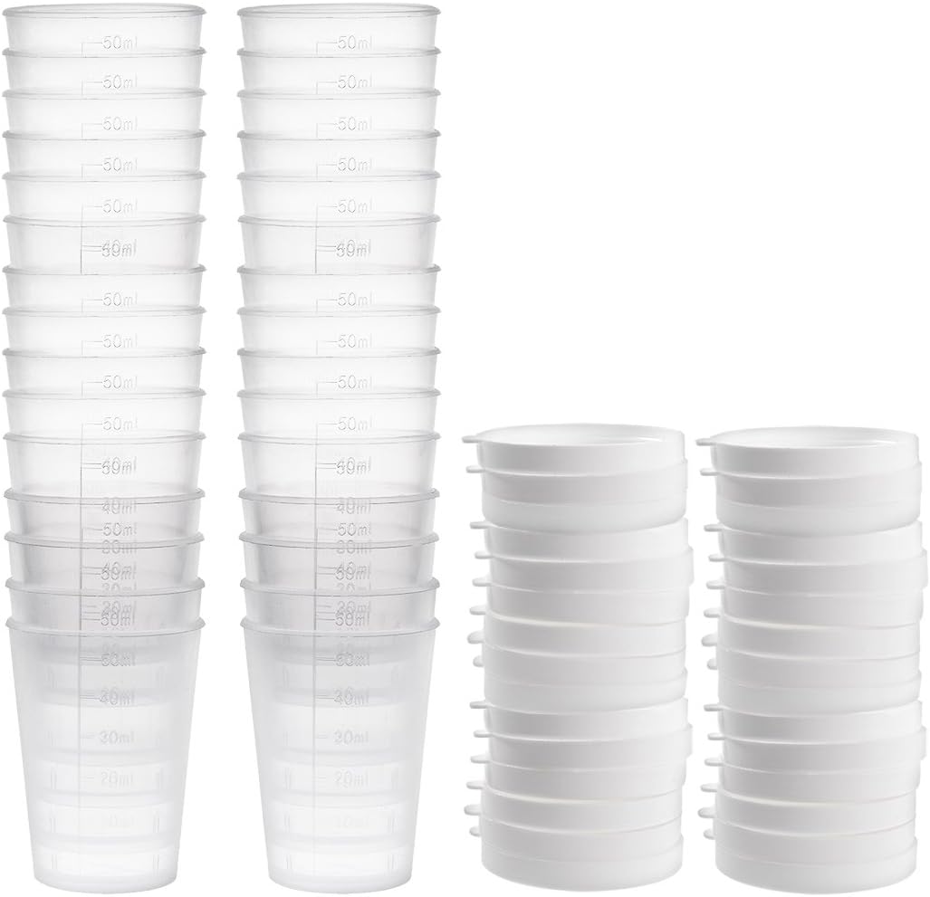 sourcingmap Measuring Cup 50ml Plastic Graduated Beaker Transparent with Lid for Lab Kitchen Liquids 30pcs