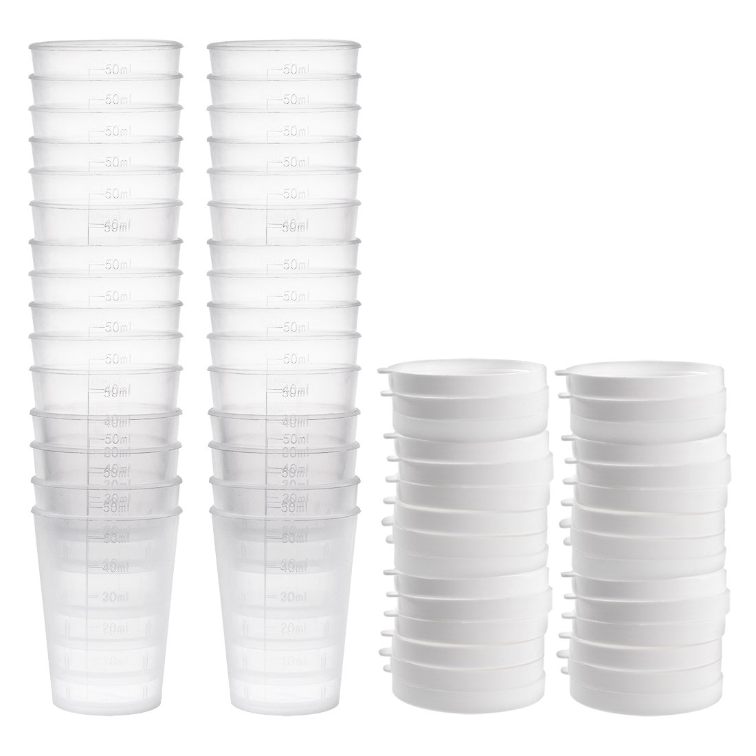 sourcingmap Measuring Cup 50ml Plastic Graduated Beaker Transparent with Lid for Lab Kitchen Liquids 30pcs