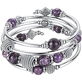 PEARL&CLUB Beaded Chakra Bangle Turquoise Bracelet - Fashion Jewelry Wrap Bracelet with Thick Silver Metal and Mala Beads, Birthday Gifts For Women