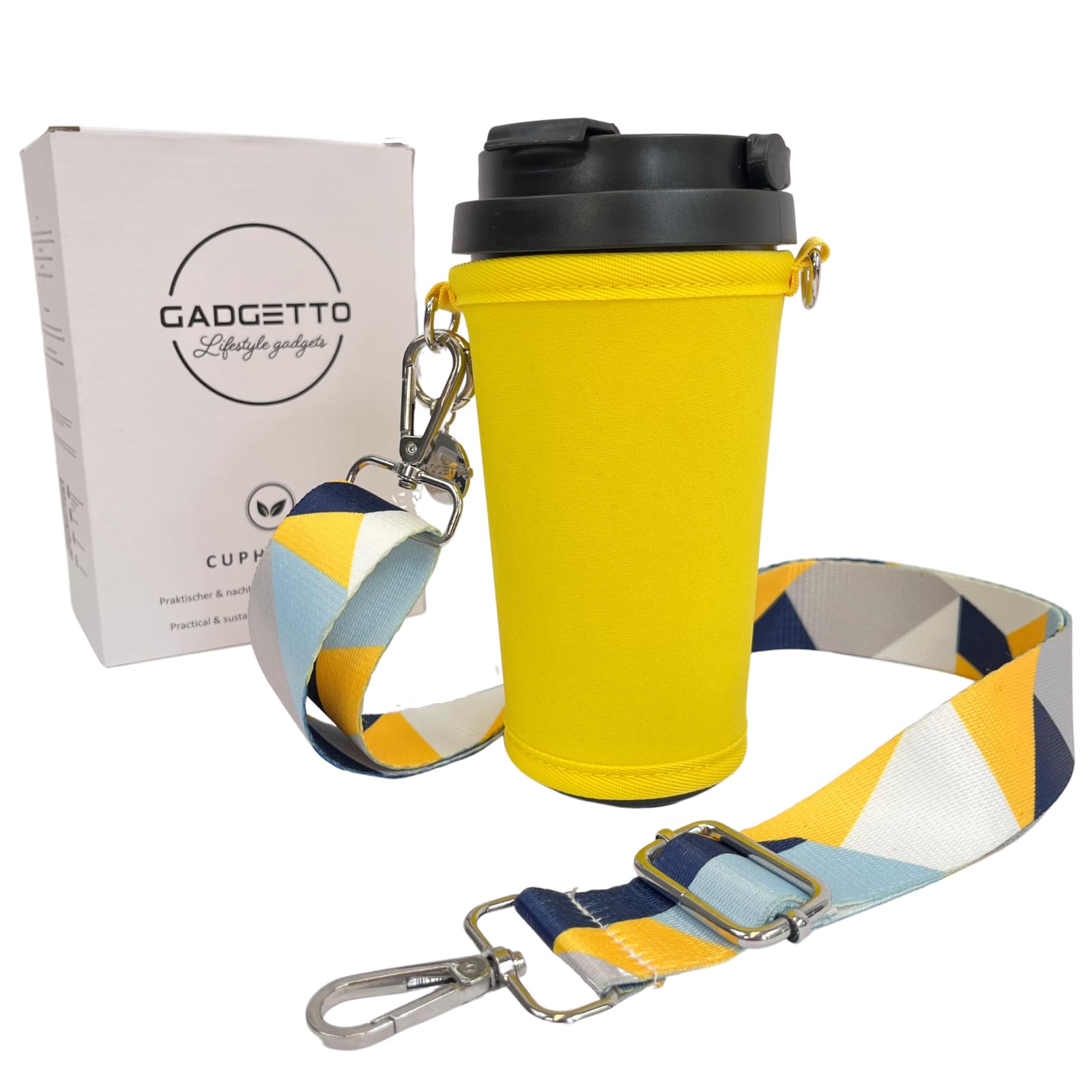 Cupholder Yellow To-Go, Cup Holder, Drink Holder, Bottle Holder for Hanging, Including Thermal Mug 500 ml, for Outdoor Activities, Festival, Walking