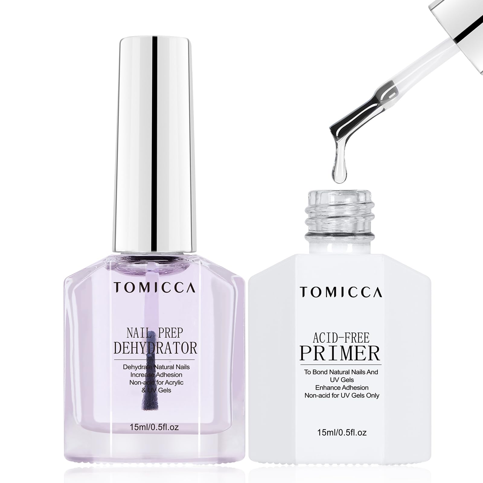TOMICCA Nail Primer & Nail Prep Dehydrator Set, 15ml Professional Acid-Free Bond Primer Fast Air Dry Nail Prep Dehydrator, Nail Protein Bond for UV Gel Nail Polish Dipped Powder Acrylic Nails