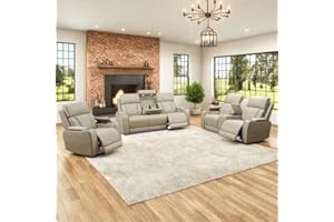 AYCP Furniture Power Recliner Set with LED Lights, Quilted Air Leather Reclining Set with USB Port/Storage/Cup Holder/Reader Light for House/Home Theater/Apt/Rv/Office (Beige, 3PC Full Set)