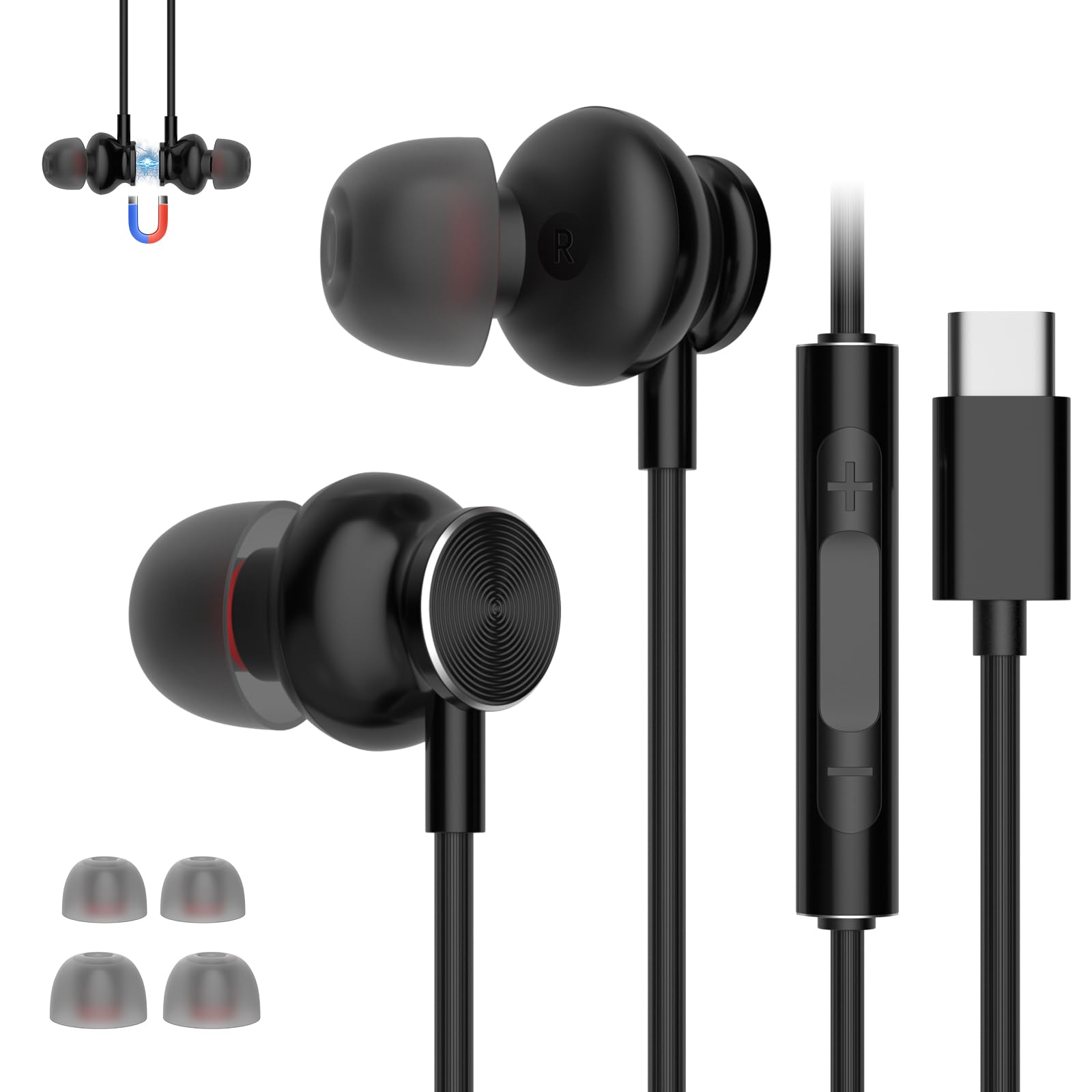 Photo 1 of UNIVEGET Wired Earbuds with Microphone,in-Ear Headphones Heavy Bass Headset with Volume Controller, Noise Isolating Ear Buds Tips(S/M/L),Earphones Wired for Samsung, Sony Fits All Type C Jack-Black