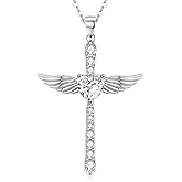 Qikdez 925 Sterling Silver Cross Necklace for Women, 18K Gold Plated or Silver Cross Pendant with 5A Heart Cubic Zirconia, Angel Wings Crucifix Faith Jewelry for Wife Mom