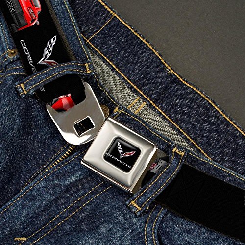 Buckle-Down Seatbelt Belt - C7 Logo/Red C7 Side/Front/Rear Views Black - 1.5" Wide - 24-38 Inches in Length