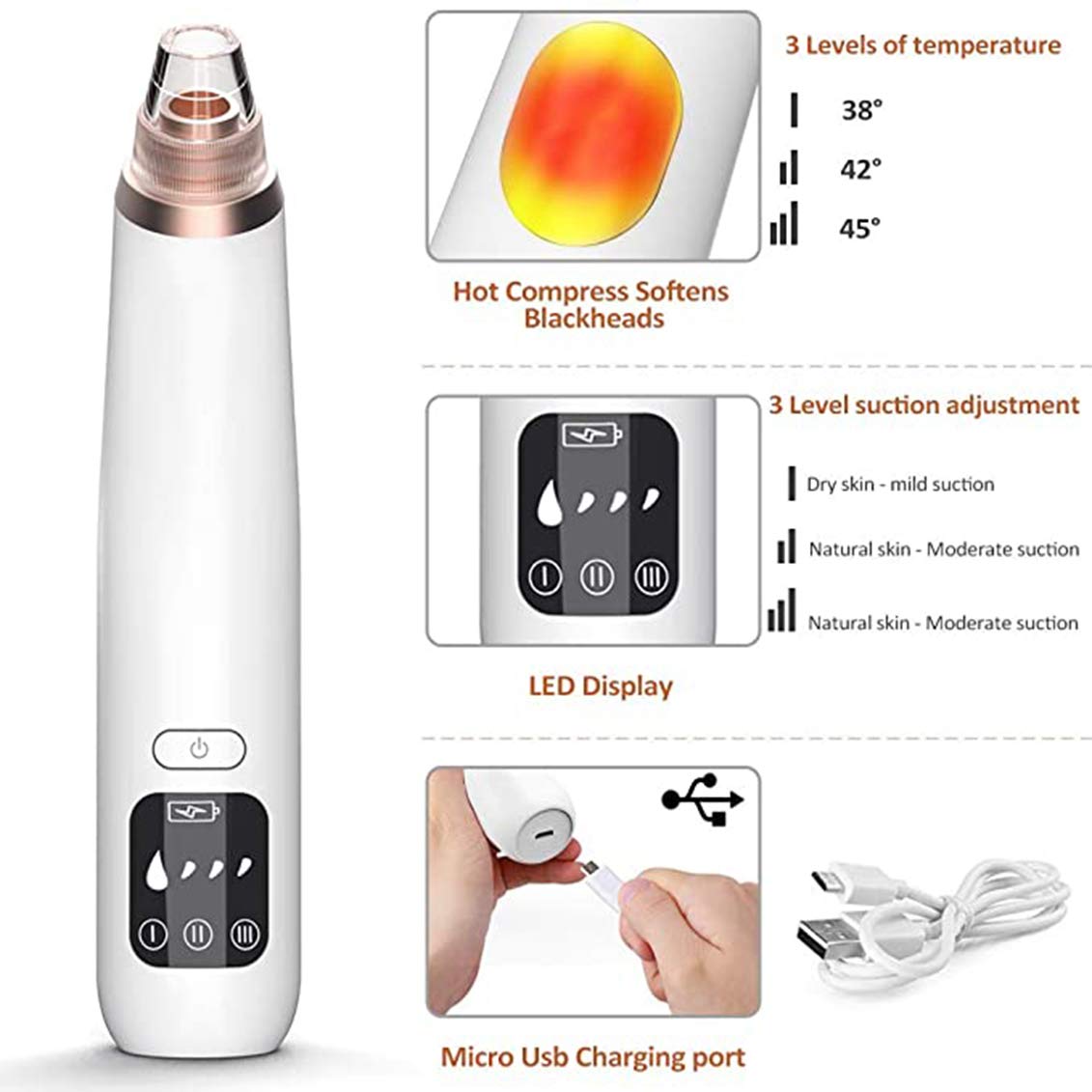 X-CHENG Blackhead Remover Vacuum - 2020 Upgraded Blackhead Suction Tool with Hot Compress - USB Rechargeable Pore Vacuum-Facial Pore Cleanser Suction Tool with LED Display-Suction Force for All Skin.: Beauty
