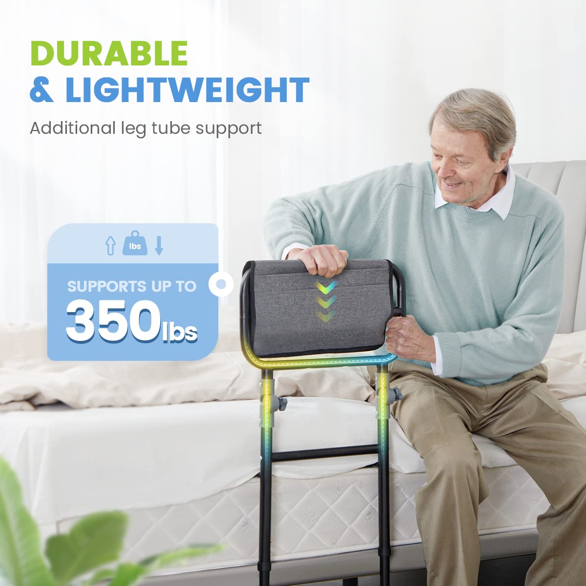 OasisSpace Foldable Bed Rail for Elderly Adults- Height Adjustable Bed Support Bar with Storage Pocket, Medical Bed Safety & Assisting Rails for Getting in & Out of Bed with Floor Support