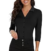Soneven Womens 3/4 Sleeve Button Down Shirt V Neck Collared Polo Shirts Work Blouses