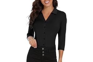 Soneven Womens Golf Polo Shirts 3/4 Long Sleeve V Neck Button Down Shirts Business Causal Work Blouses Tops