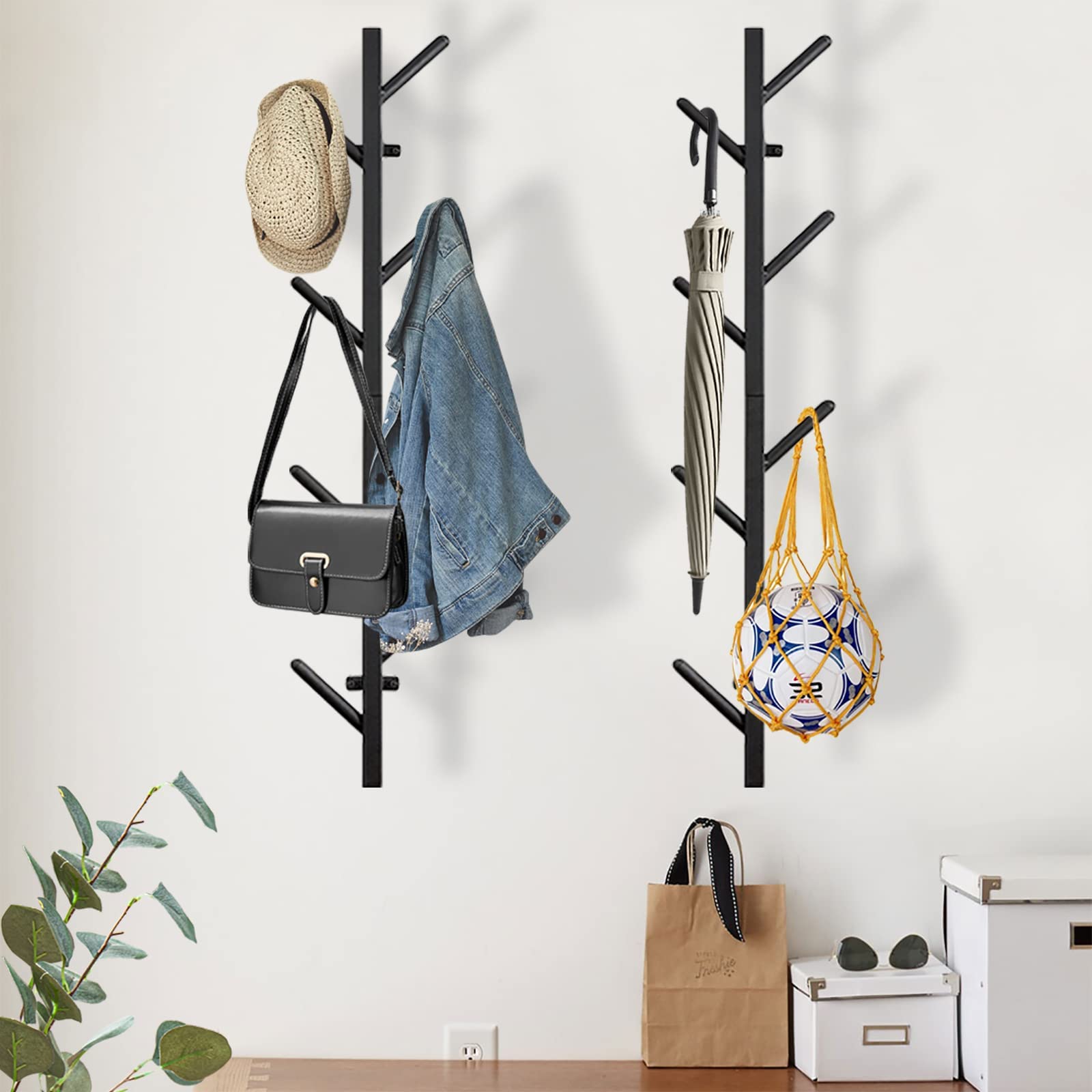 GAWAMAY Set of 2 Black Vertical Coat Rack Wall Mount Height33.4, Modern Metal Hat Rack Wall Mounted Tree, Heavy Duty Coat Hooks Hat Organizer for Home Hallway Entryway Bedroom Living Room Home Decor