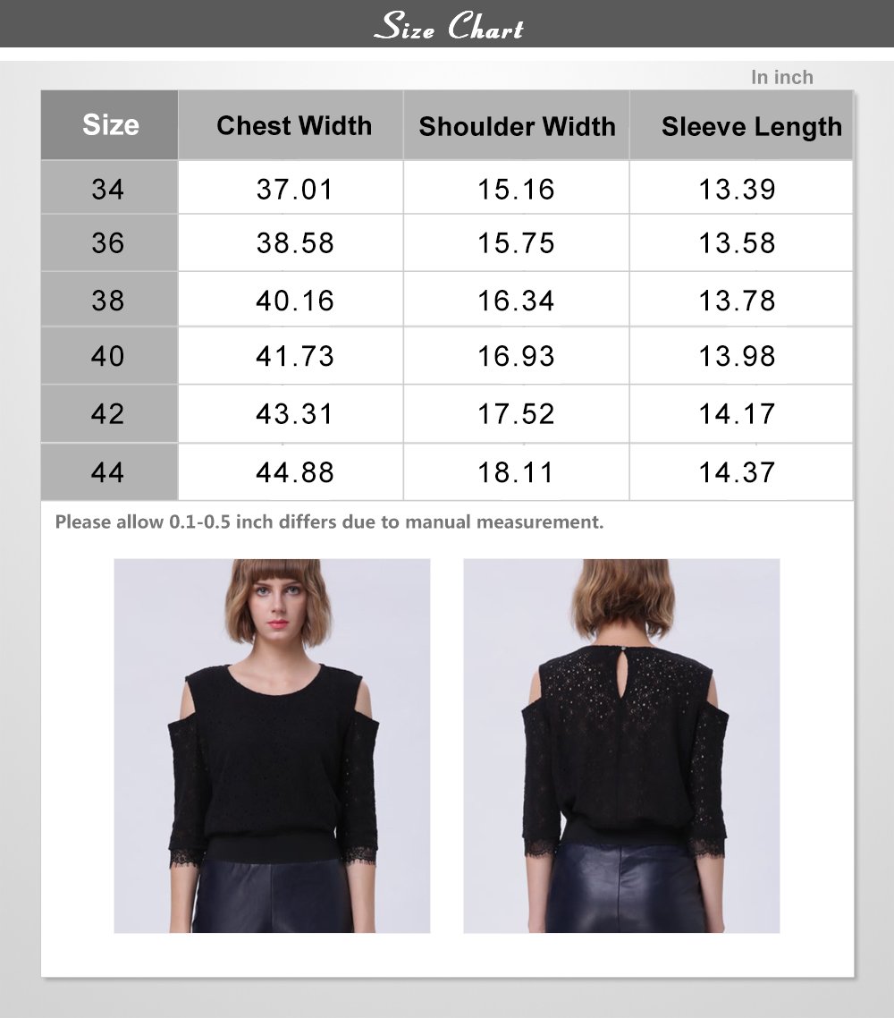 Women Elegant Hollow Out T Shirt Cold Shoulder Loose White Lace Crochet Blouse Tops (38, black)