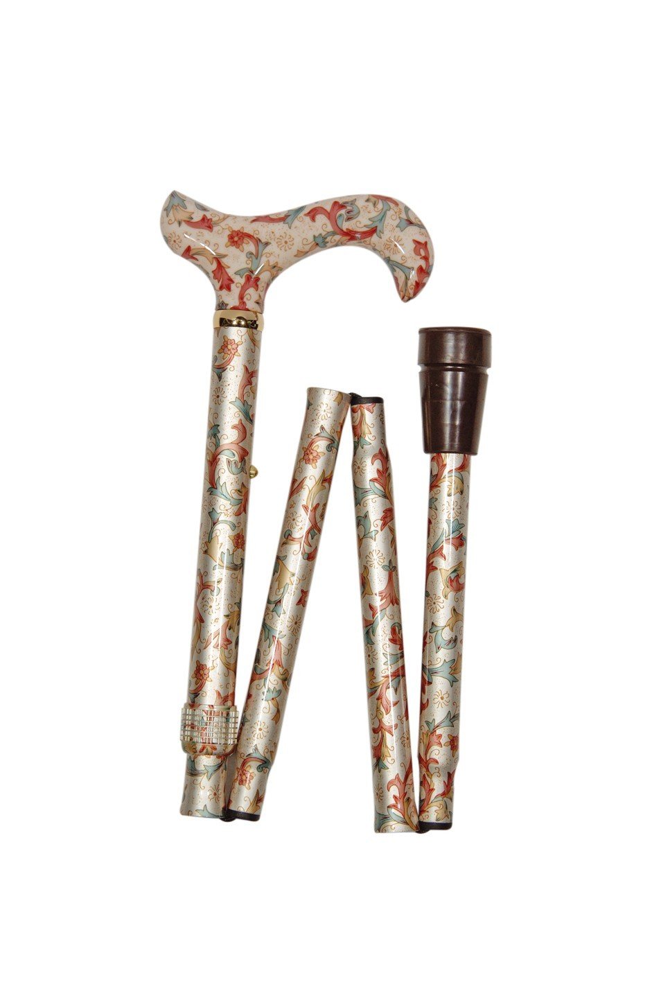 Ladies Adjustable Folding Floral Walking Stick Cane - Cream Colour