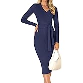 ZESICA Women's 2026 Spring Sweater Dress V Neck Long Sleeve Ribbed Knit Tie Waist Bodycon Slim Fit Midi Dresses